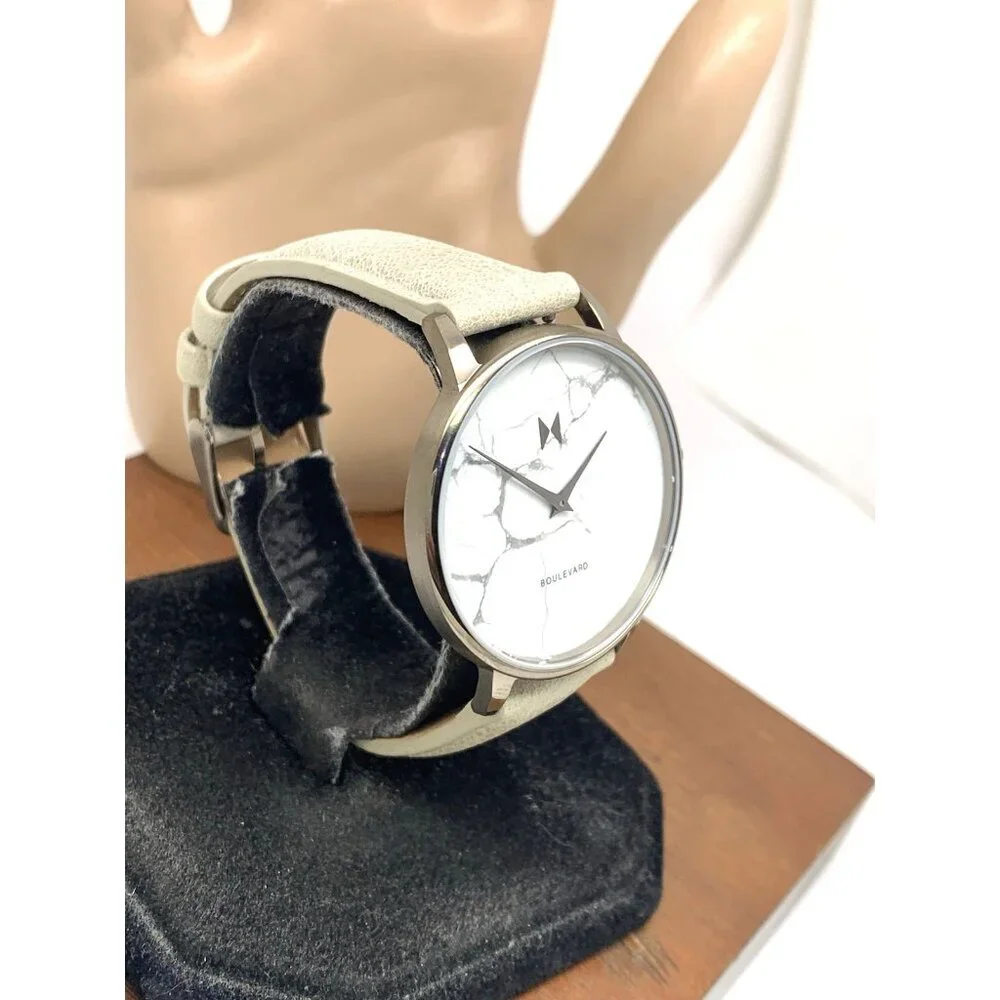 MVMT Women's Watch QMB01-Tima Quartz White Gray Marble Dial Leather Band 38mm